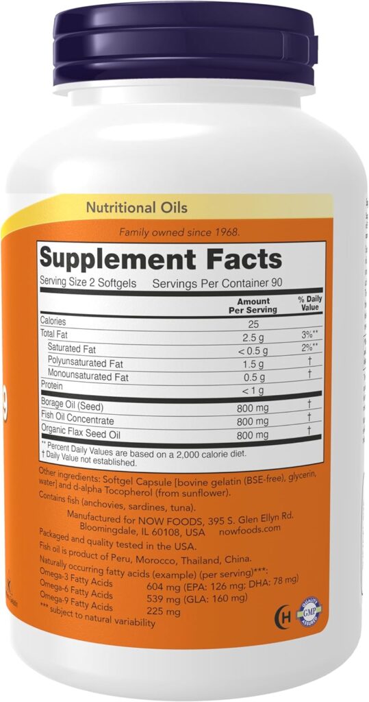 NOW Foods Super Omega 3-6-9 Supplement Facts with Fish Borage and Flax Seed Oil