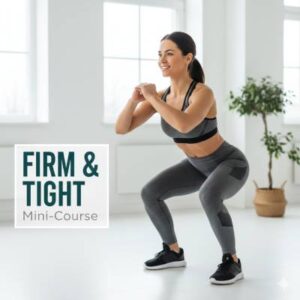 Woman performing squats for Firm and Tight Mini-Course bodyweight strength training