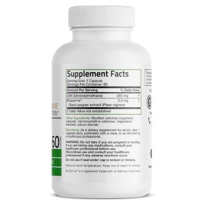 Bronson DIM 200 MG Supplement Facts Label Diindolymethane and BioPerine Ingredients
