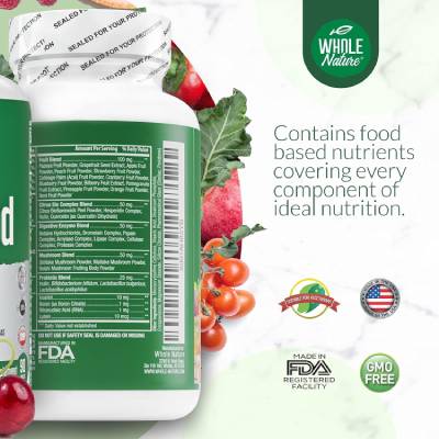 Whole Nature Multivitamin Supplement Facts with food based nutrients and fruit blend