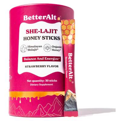 BetterAlt SHE-Lajit Strawberry Honeysticks 30 sticks pack for women's hormonal balance and energy boost.