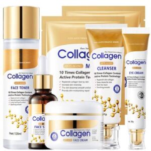 6Pcs Collagen Skin Care Set for Women including Cleanser Toner Serum Face Cream Eye Cream and Mask