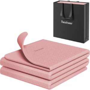 Readaeer pink folding yoga mat with black carrying bag for travel and gym storage